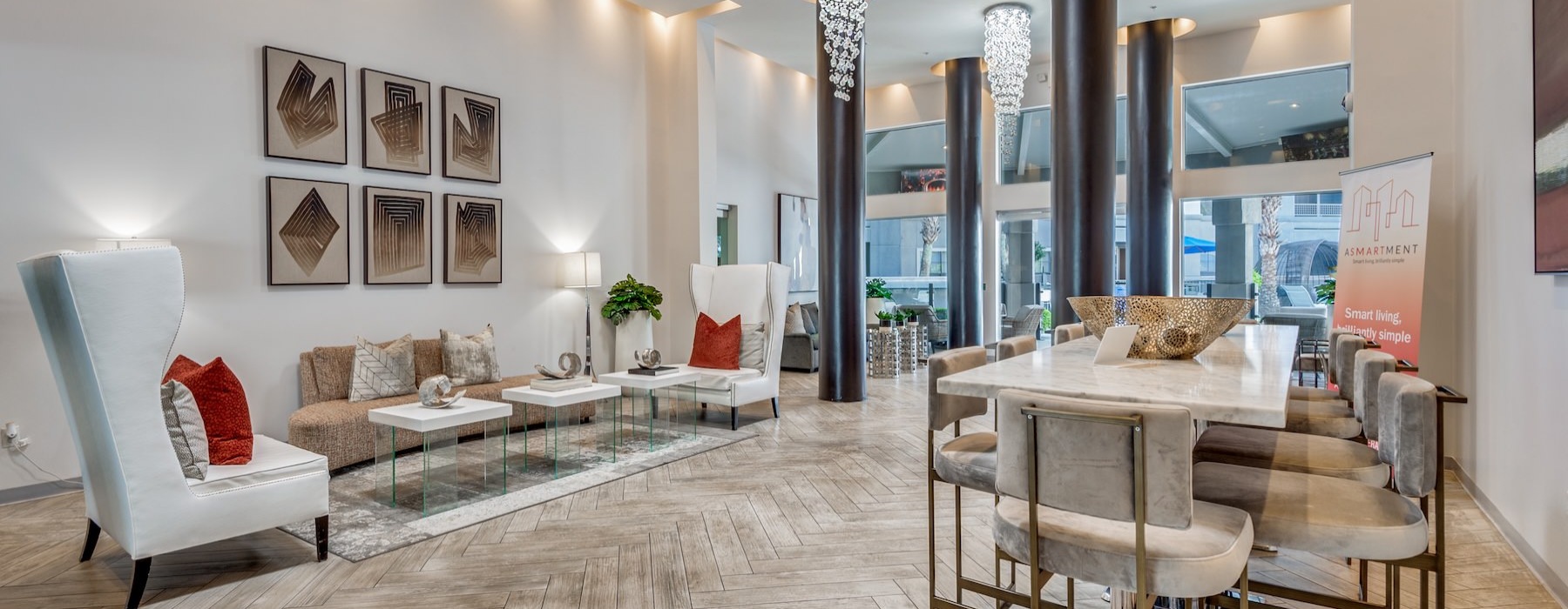 a leasing office with tables and chairs