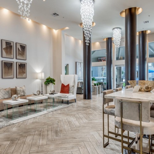 a leasing office with tables and chairs